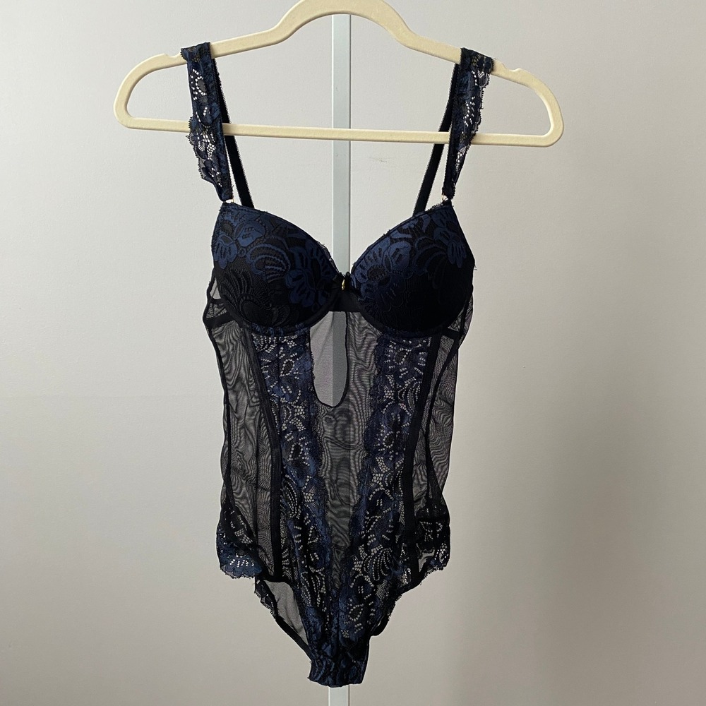 Daisy Fuentes Whimsigoth Dark Romantic S Black Blue Lace Bodysuit Sheer Lingerie